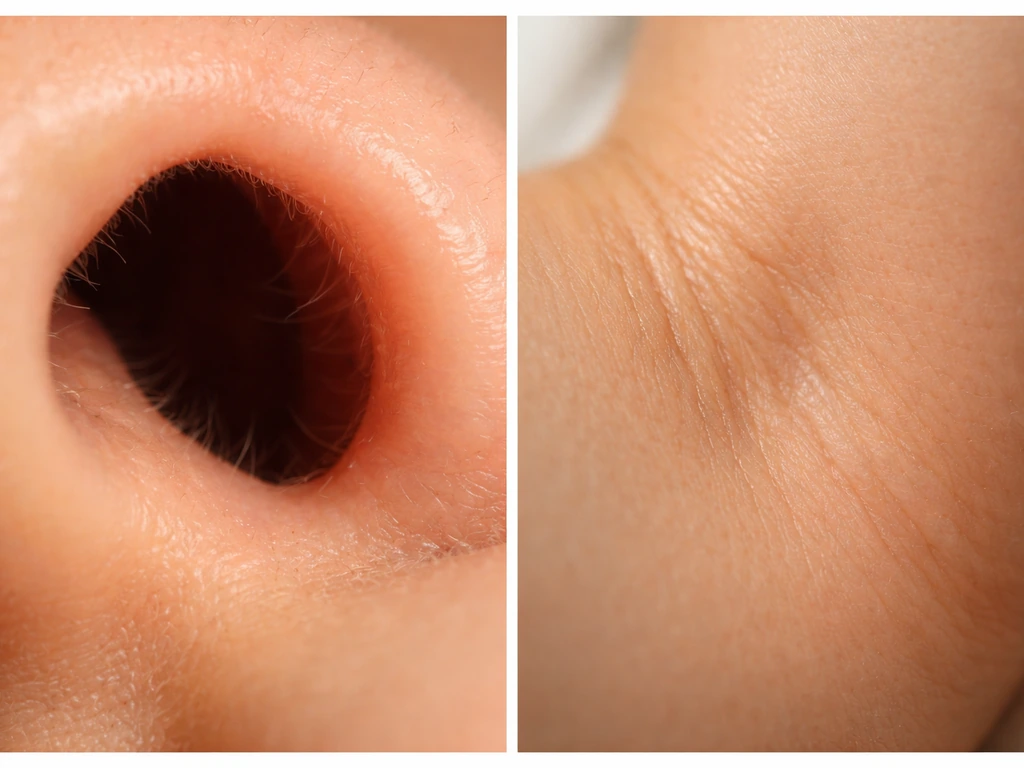 Macro view of anterior nares texture next to moist skin, suggesting common staphylococcal colonization sites.