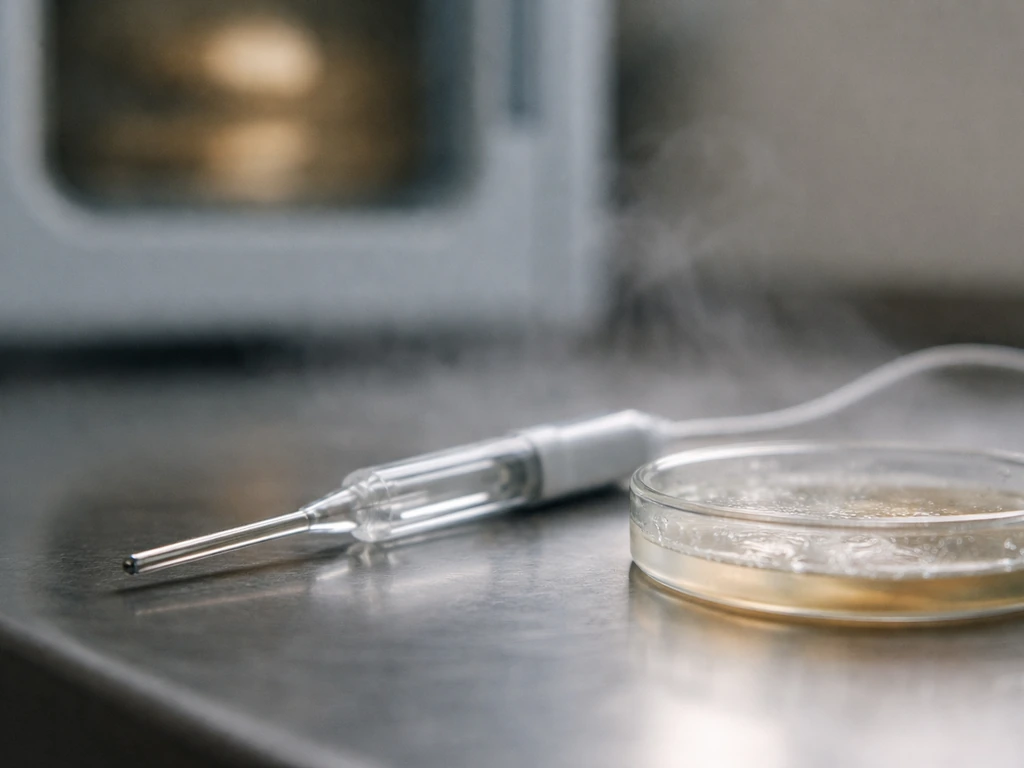 Laboratory bench with a thermometer probe beside a petri dish, conveying temperature for microbial growth.