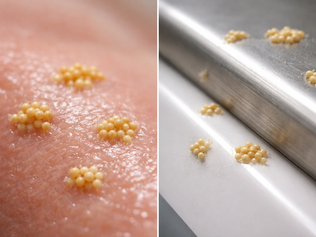 Minimal split image: bacteria-like dots on moist skin-like texture vs stainless steel/plastic surface.