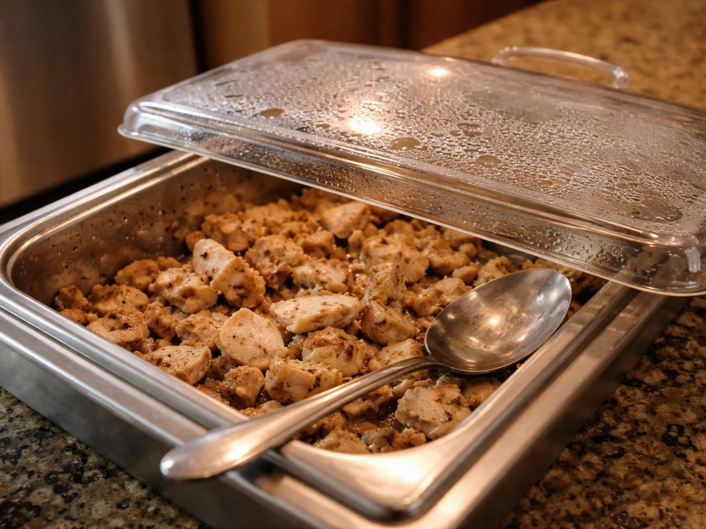 Protein-rich chicken on a kitchen counter under a clear lid, implying unsafe holding for staph toxin risk.