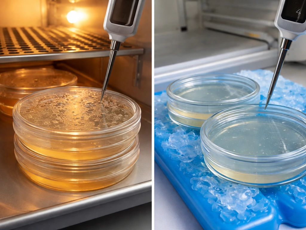 Two Petri dish sets showing more microbial growth at warm temperatures than cold.
