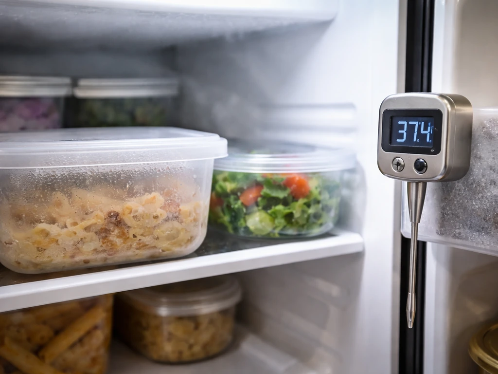 Refrigerator shelf with food containers and a probe thermometer for cold holding temperature.