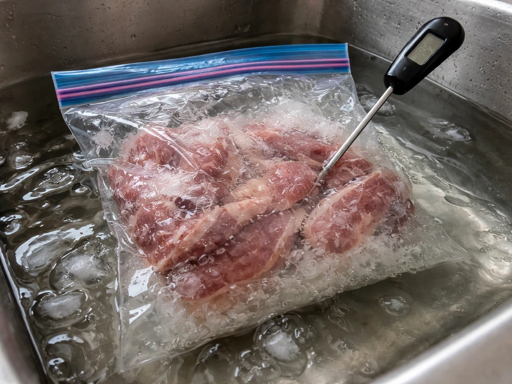 Frozen meat thawing in a water bath with a thermometer measuring thawing temperature.