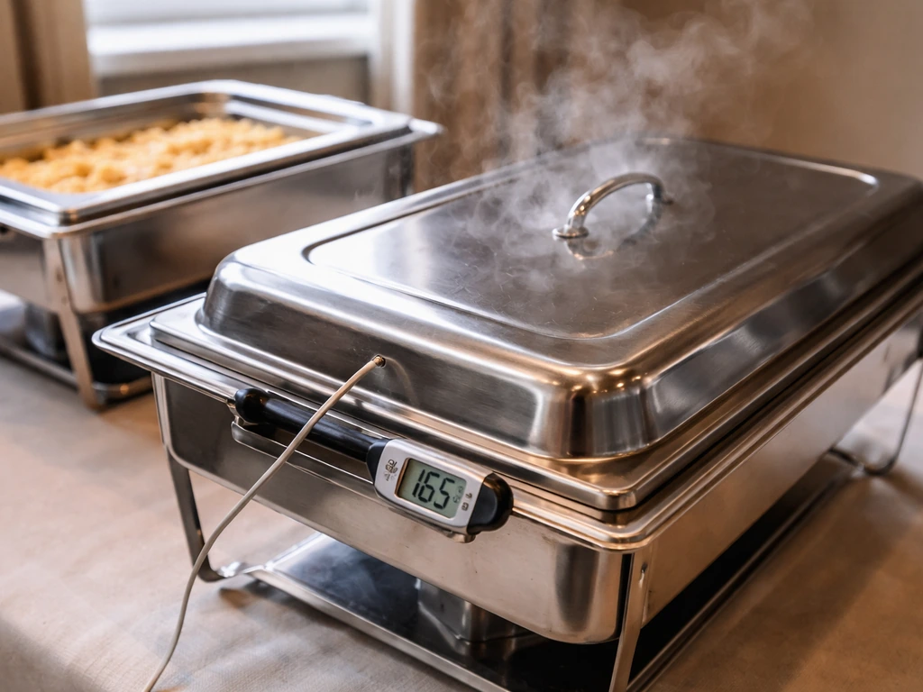Chafing dish hot holding with thermometer probe and visible steam under the lid.