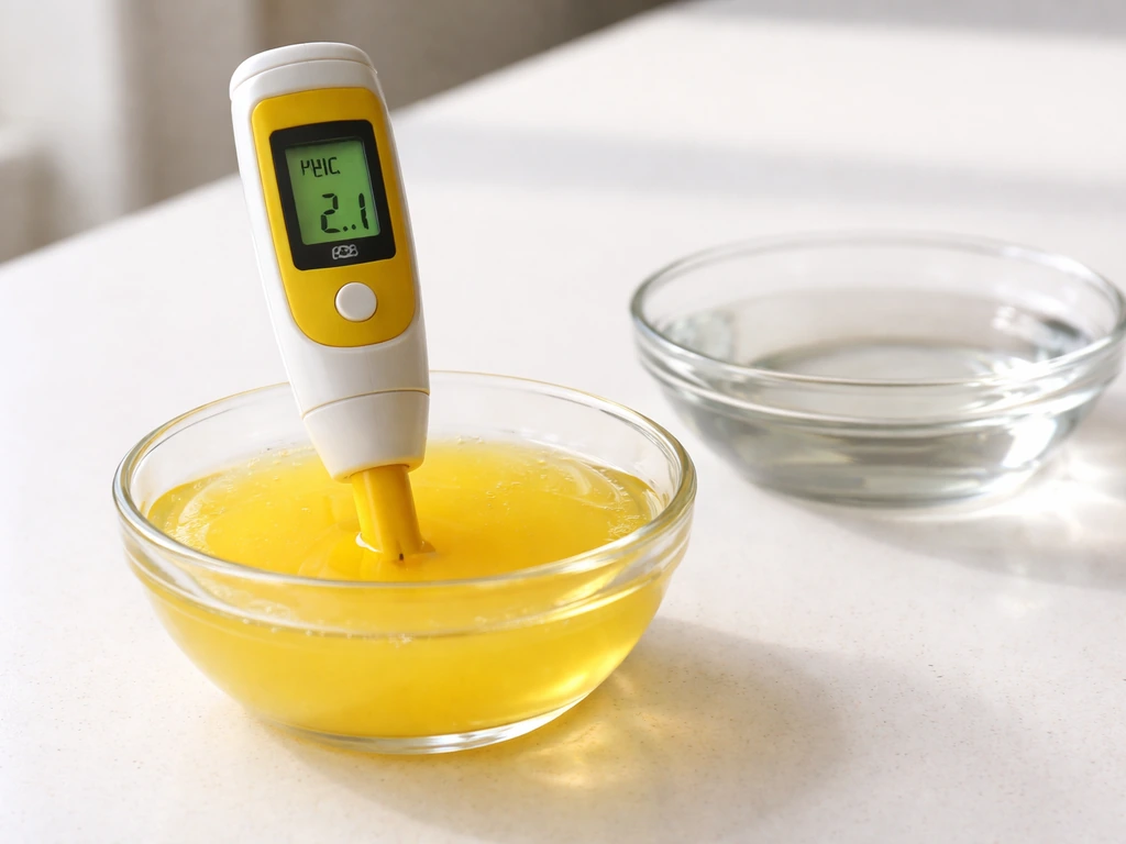Close-up of lemon juice and vinegar with a pH meter showing low pH in a minimal kitchen setting.