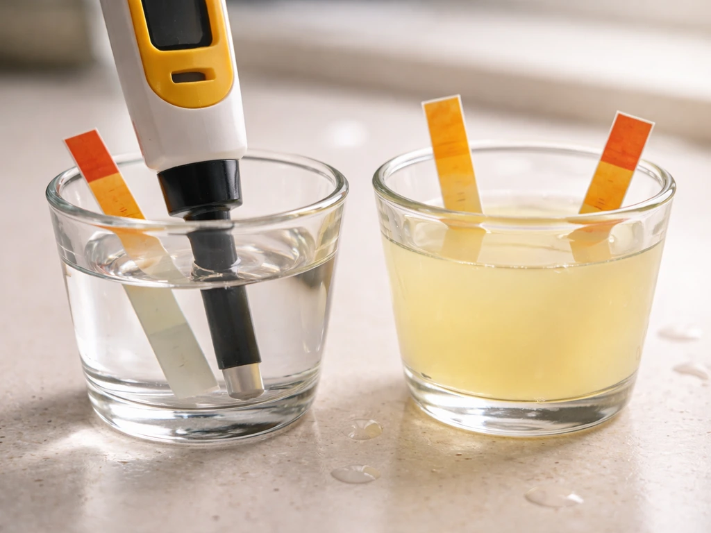 Close-up of a pH meter and strips testing vinegar and lemon juice with very low pH readings