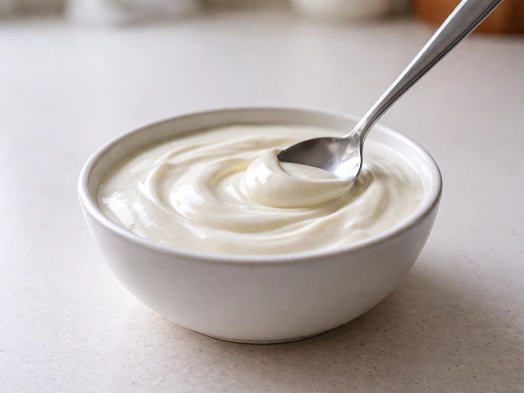Close-up of a spoonful of thick yogurt with visible texture in a simple kitchen light