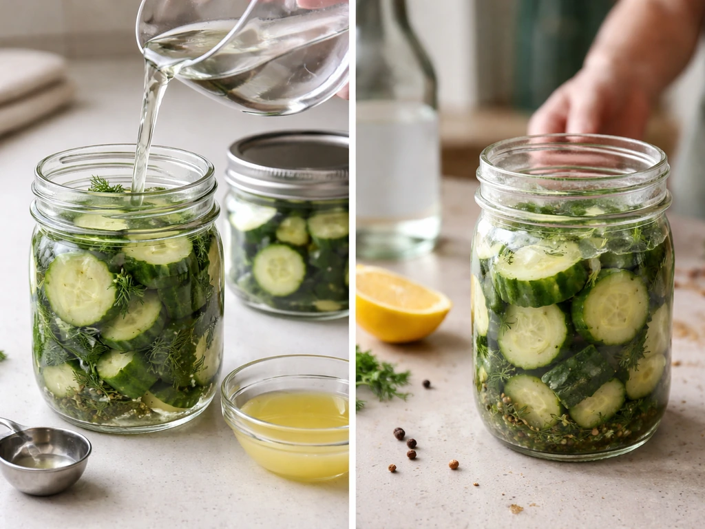 Split kitchen scene: proper acidified pickling setup on one side, careless taste-only prep on the other.