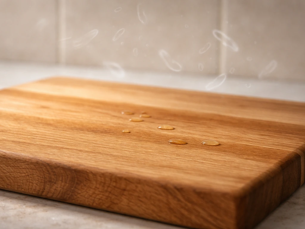 Clean wooden cutting board with subtle faint microscopic bacteria overlay hovering above the surface.