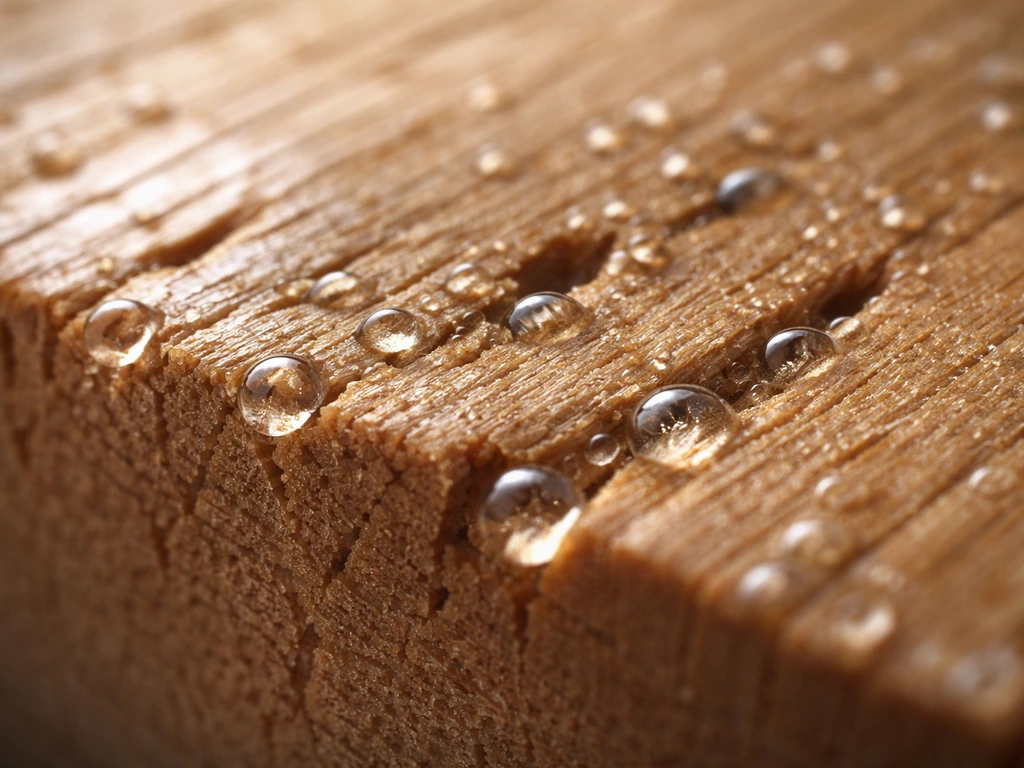 Macro close-up of water trapped in wood pores, showing tiny beads and a wet sheen