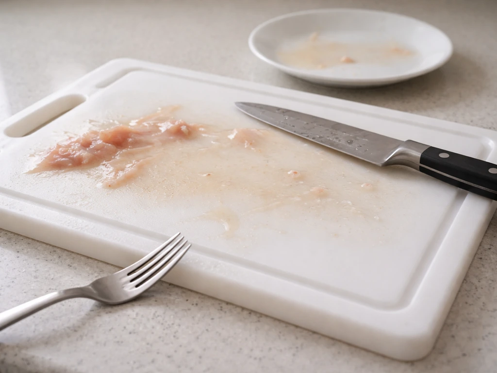 Minimal countertop scene showing residue transfer from a raw chicken cutting board to a nearby utensil.