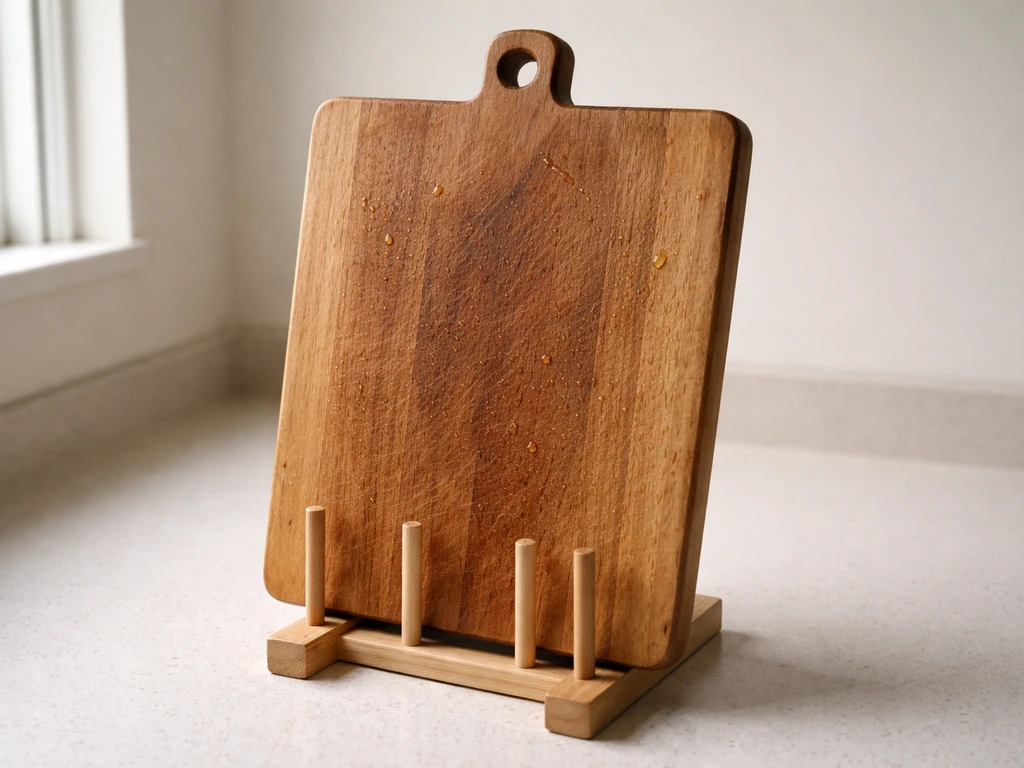 Wood cutting board upright on a drying rack in a bright kitchen, fully air-drying.