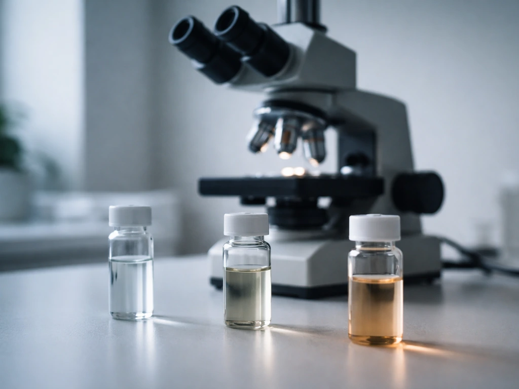 Close-up of a lab microscope with three small culture vials near it, softly lit to suggest oxygen presence