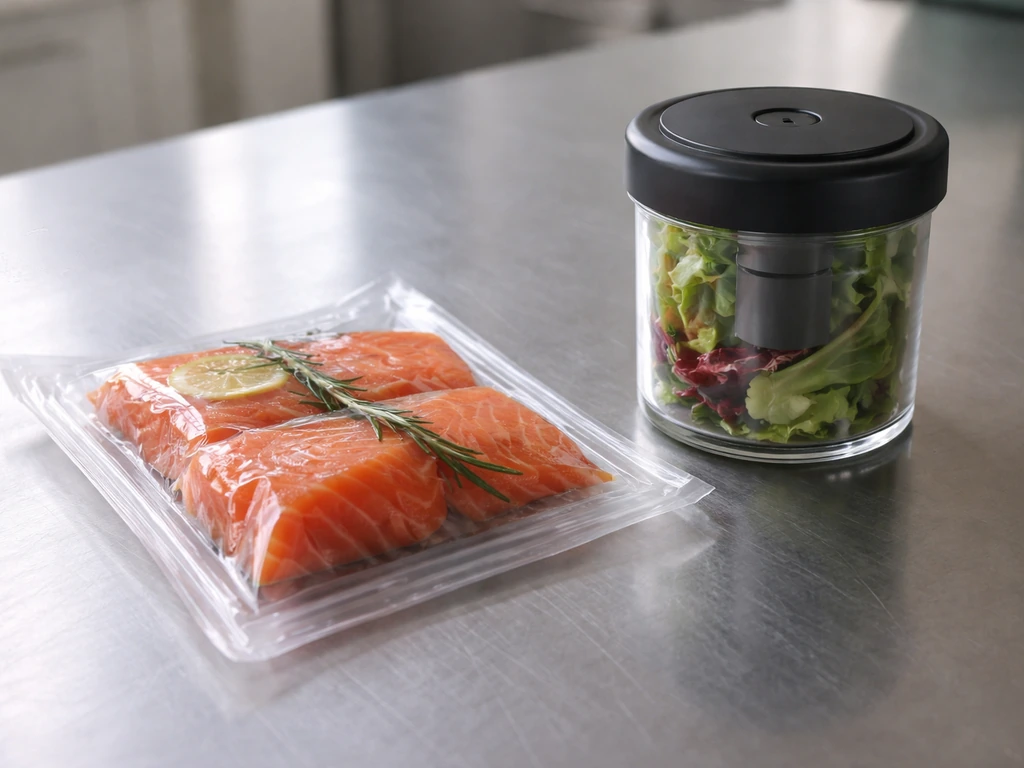 Vacuum-sealed and airtight low-oxygen food containers on a clean counter, shown in a minimal close-up.