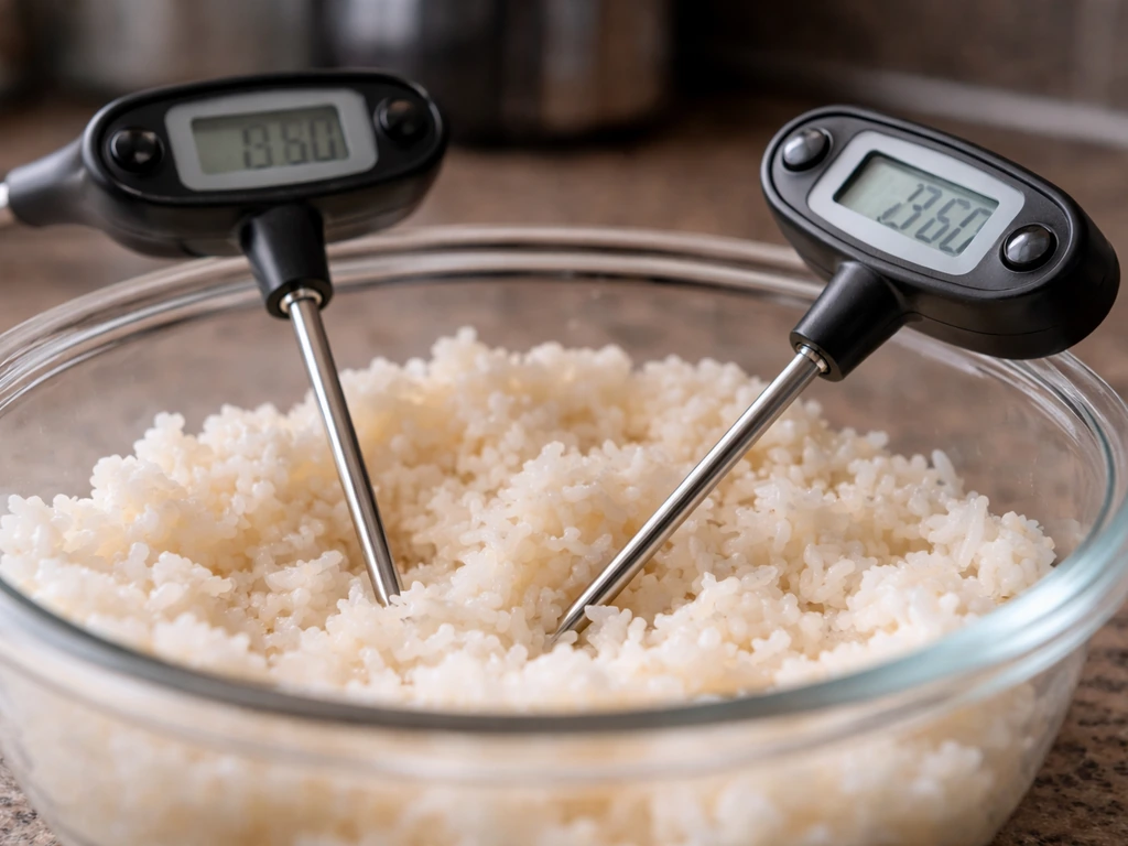 Probe thermometer checking temperature of cooked rice on the counter.
