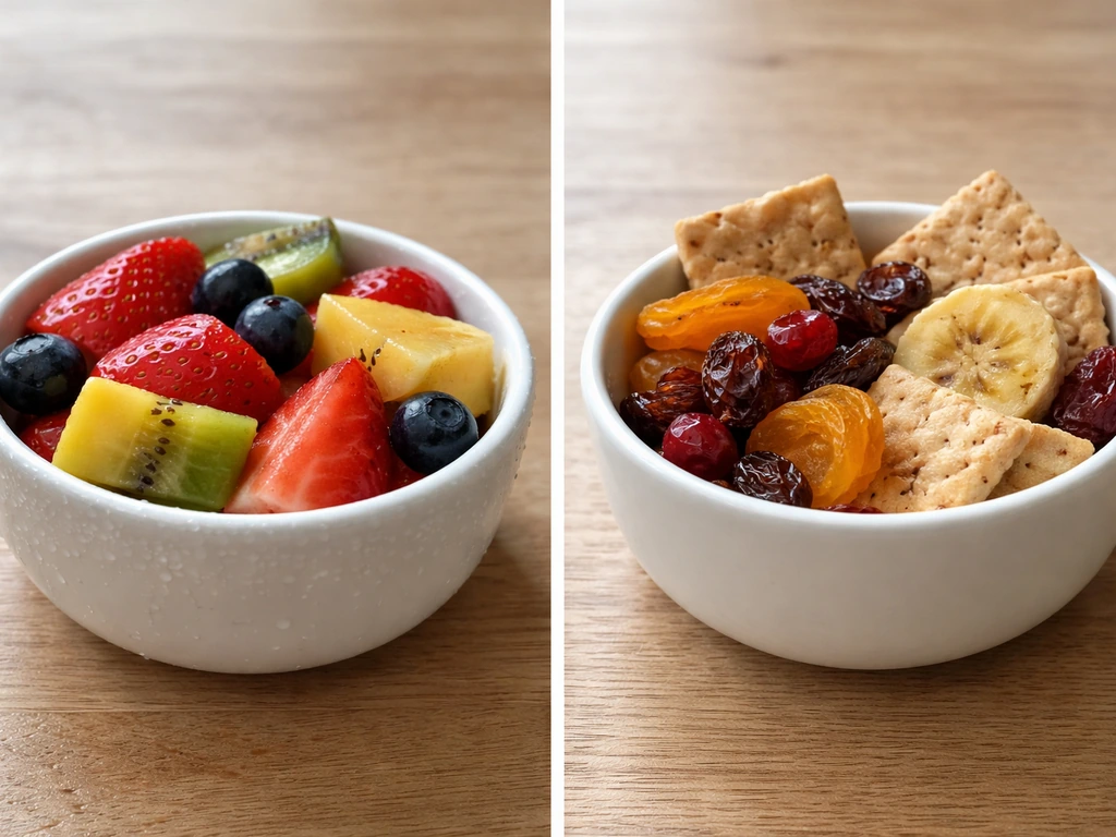 Moist cut fruit beside dried fruit/crackers to show moisture differences.