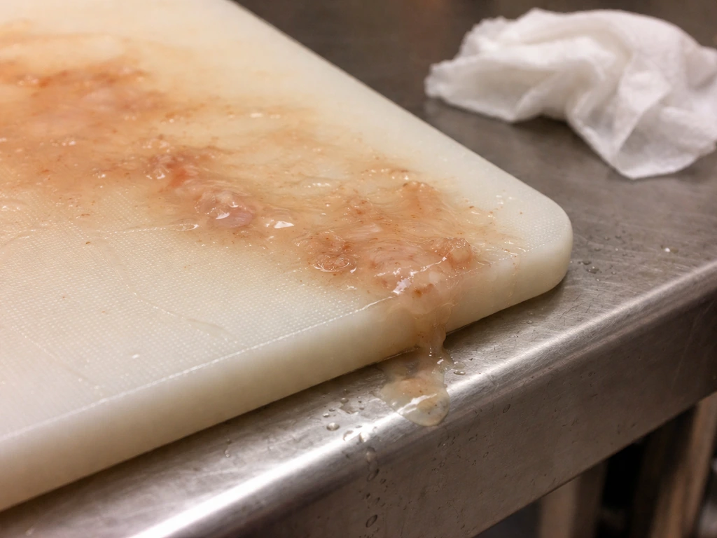 Damp cutting board residue showing a raw-protein food contact hot spot.