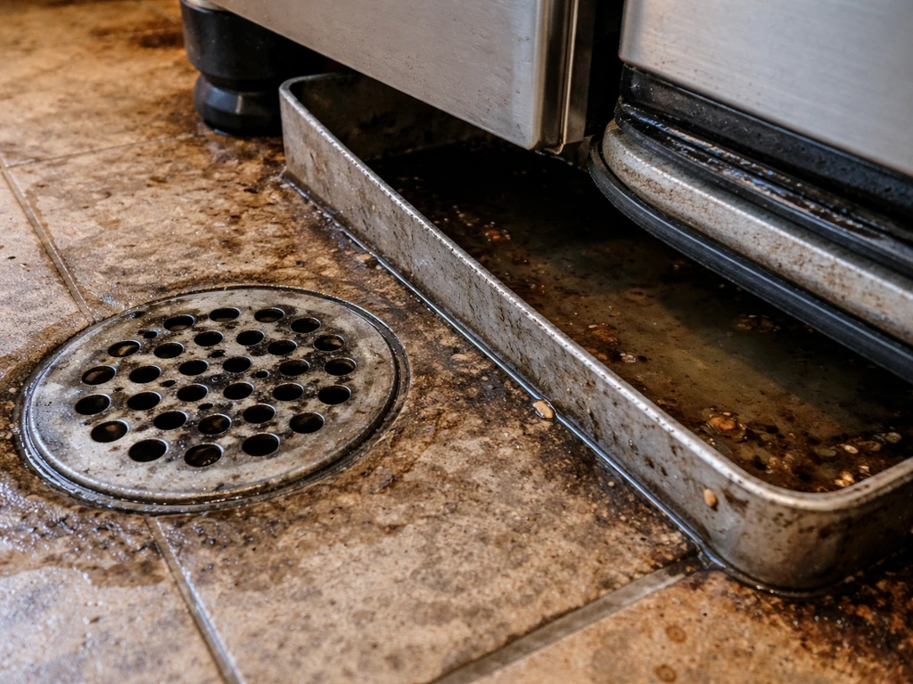 Damp floor drain and equipment base area with moisture and gasket detail.