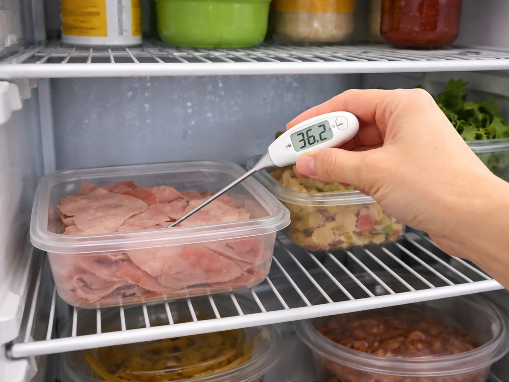 Calibrated thermometer probe testing internal temperature of a fridge container.