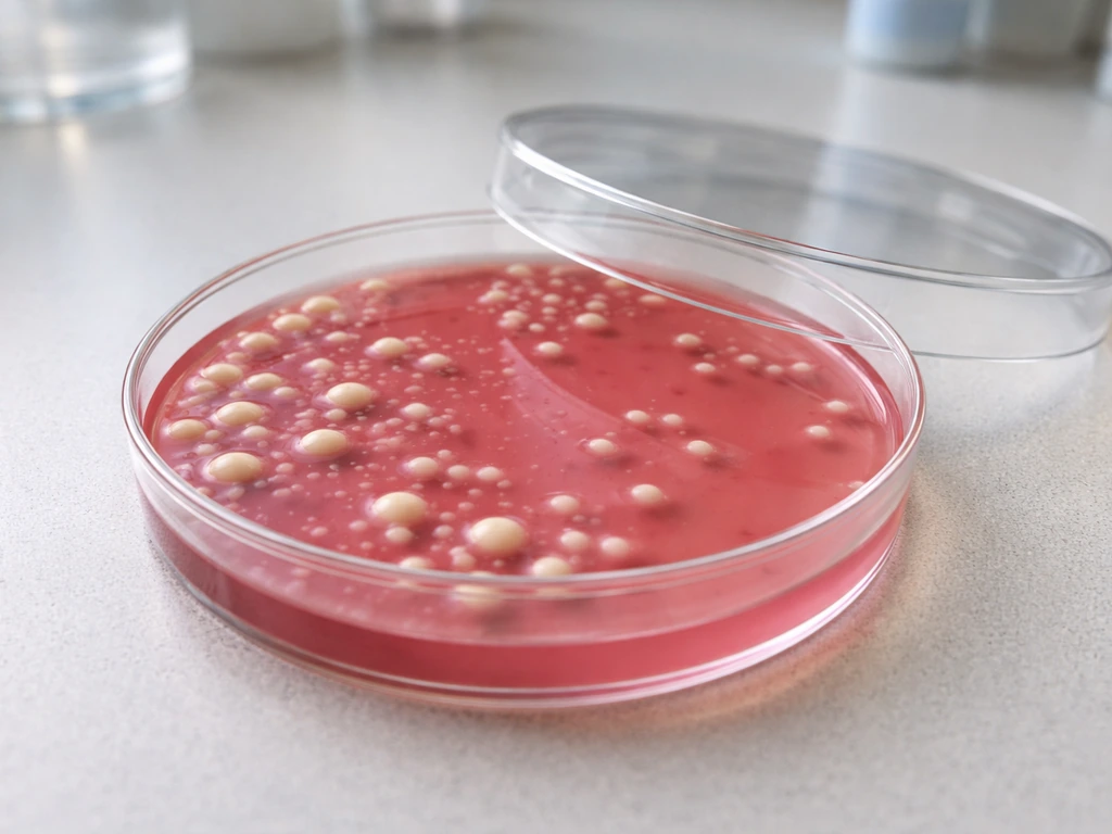 Close-up of a MacConkey agar Petri dish showing distinct pale and non-lactose-fermenter-like colonies.