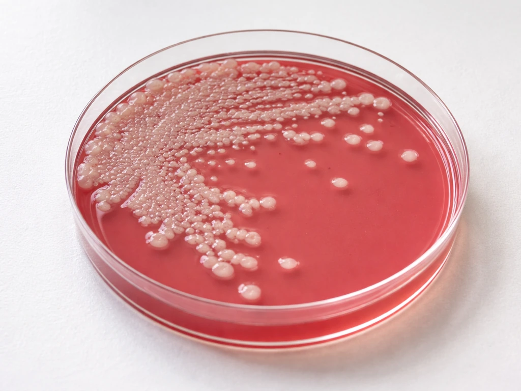 Close-up of pale, colorless Pseudomonas aeruginosa colonies spreading on MacConkey agar plate.