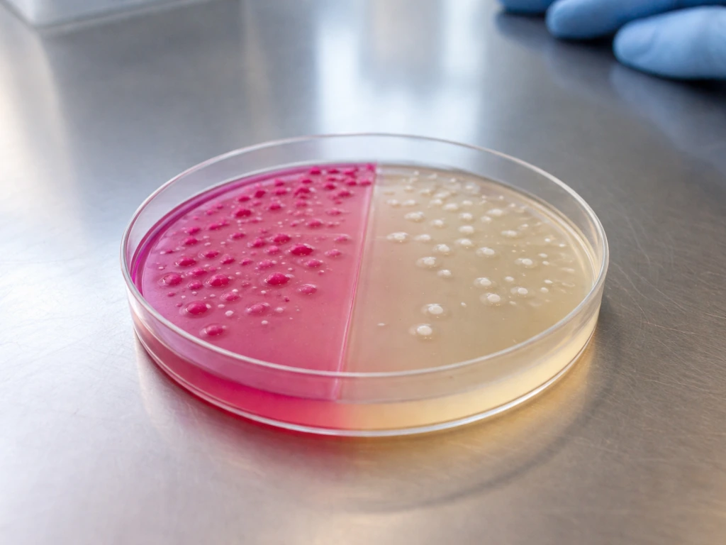 MacConkey agar plate showing pink lactose-fermenting colonies and pale non-lactose colonies in separate areas.