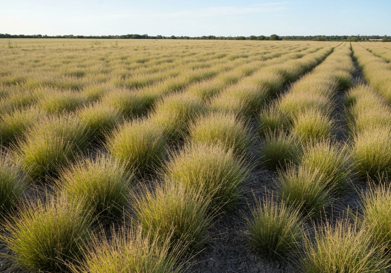 Gros plan d’une pelouse avec touffes d’herbe plus hautes et zones dégagées, ombres naturelles visibles.
