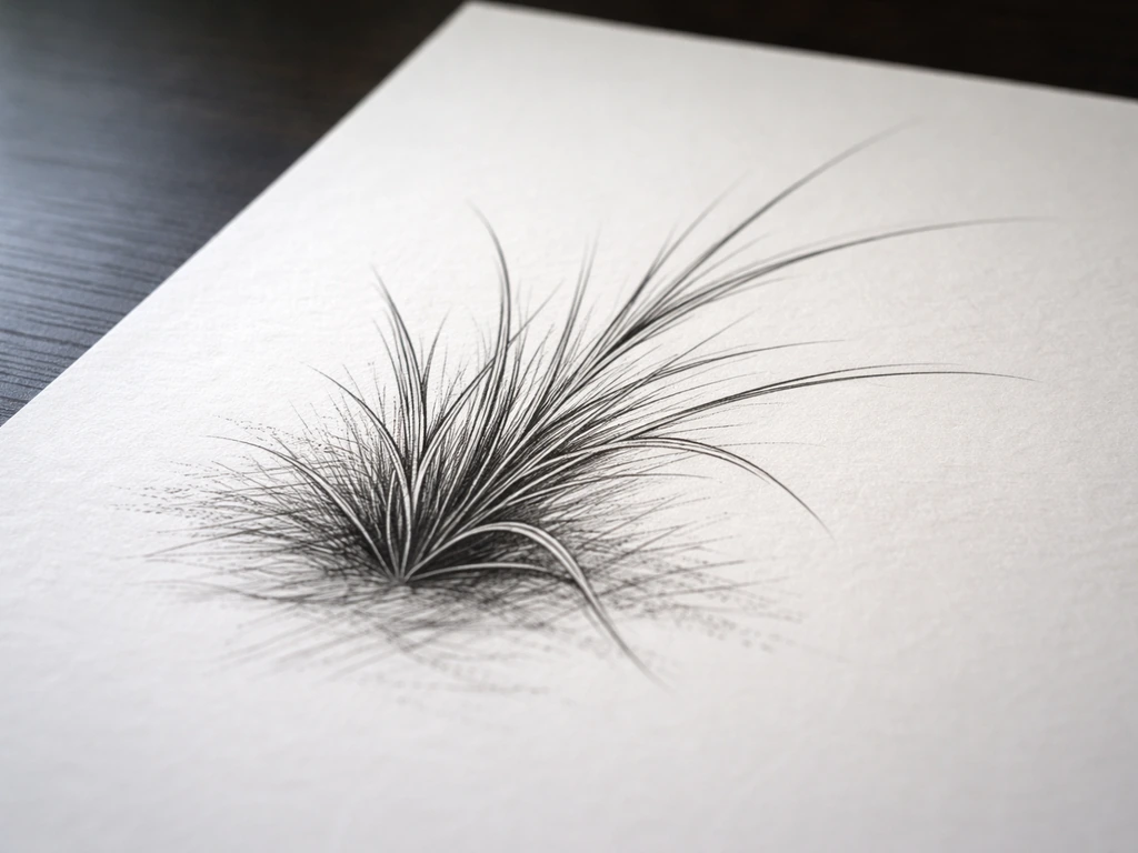 Gros plan d’un dessin d’herbe : valeurs claires, médianes et ombres nettes avec hachures visibles.