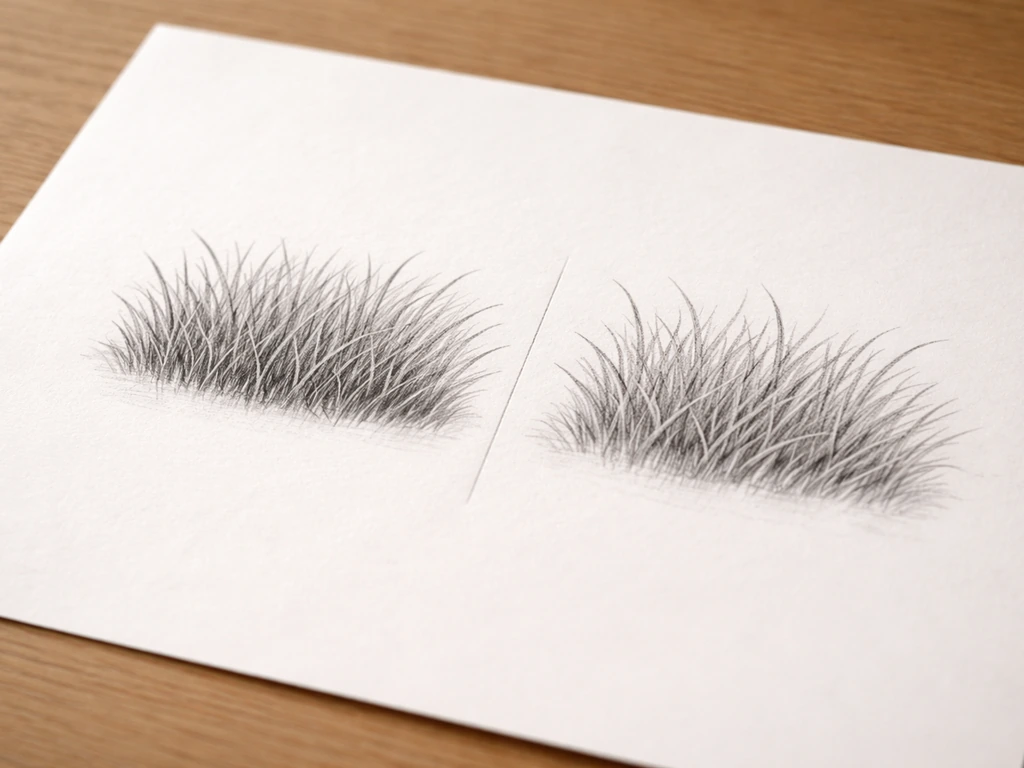 Comparaison photo d’un dessin d’herbe : contour trop net à gauche, remplissage doux corrigé à droite.