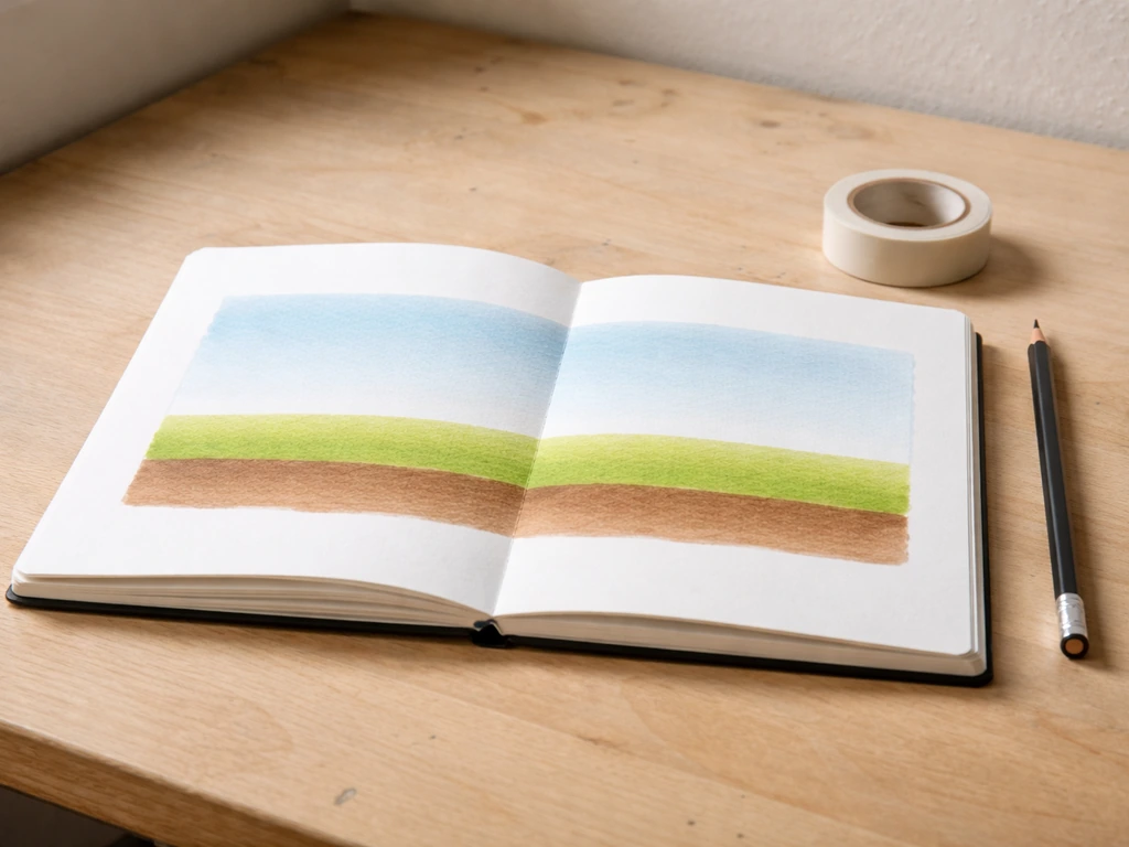 Carnet de croquis sur une table avec trois zones couleur terre, herbe, ciel et une ligne d’horizon.
