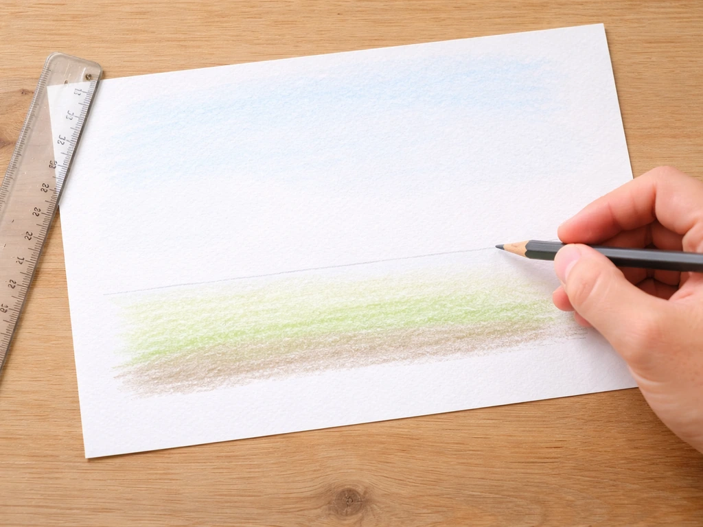 Main traçant la ligne d’horizon sur une feuille A4 avec zones Terre, Herbe et Ciel suggérées au crayon.