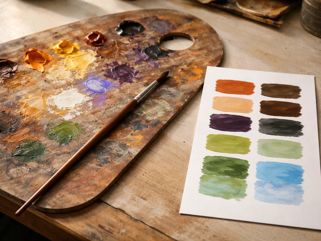 Palette de peintre avec échantillons Terre, Ocre jaune, Herbe et Ciel, pinceau et mélanges aux valeurs proches.