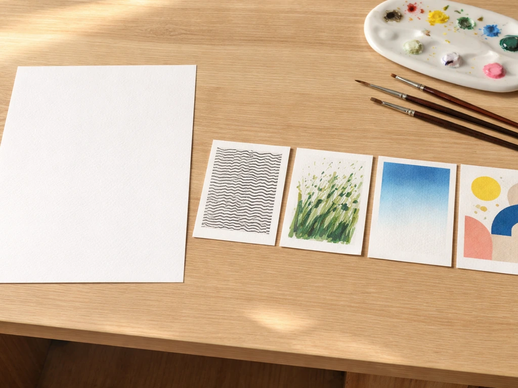 Quatre mini-peintures côte à côte sur une table : lignage, herbe, ciel en dégradé et composition complète.