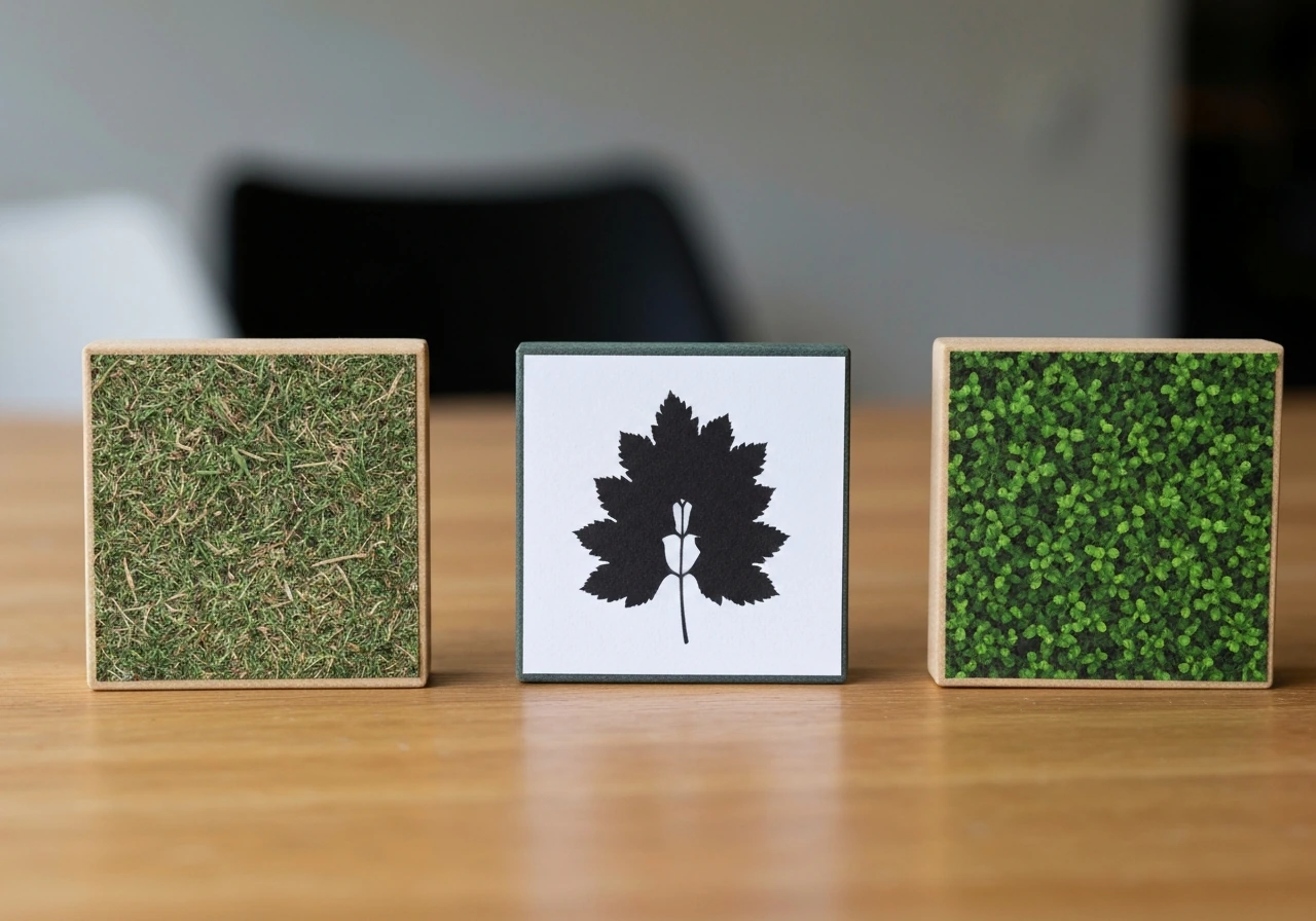 Trois types d’images d’herbe sur des matériaux différents : détail de texture, silhouette et motif décoratif, sans texte