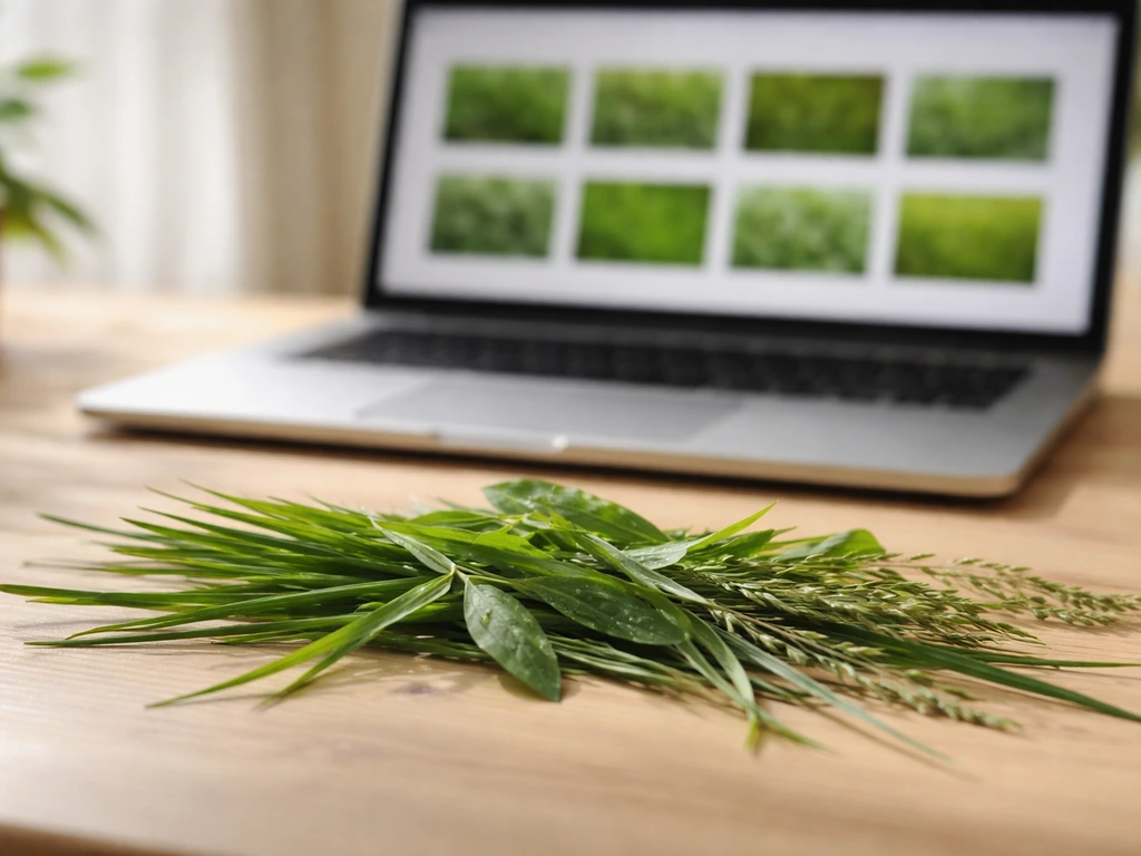 Feuilles d’herbe posées sur une table, ordinateur portable flou évoquant la recherche de textures imprimables.