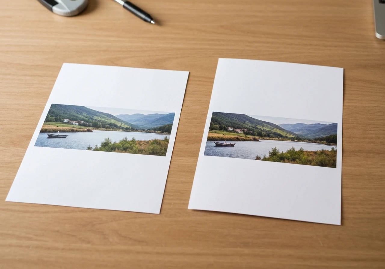 Deux feuilles imprimées côte à côte : une image trop petite avec bandes blanches, l’autre bien dimensionnée.