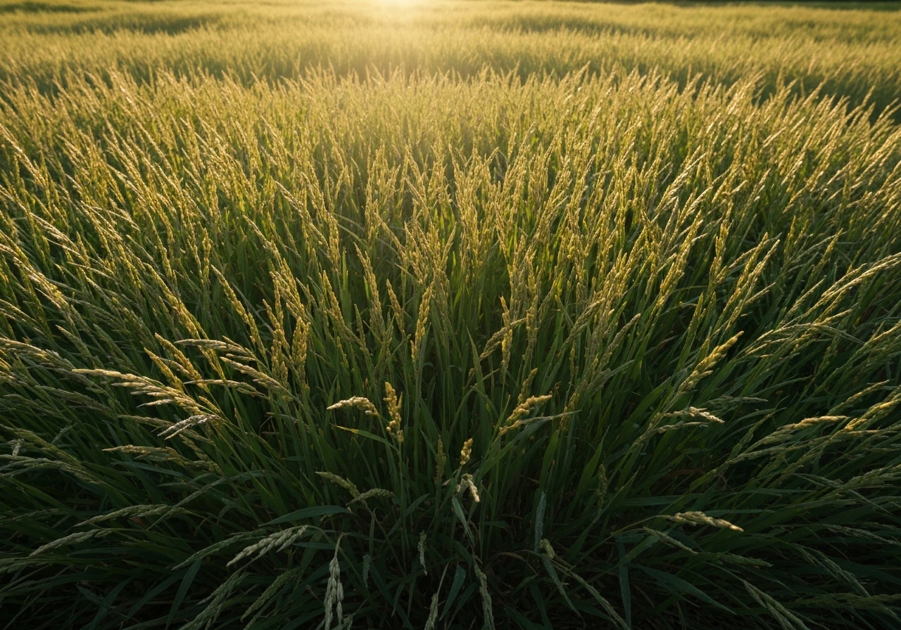 Gros plan d’herbe au soleil couchant, brins jaune-ambre illuminés et ombres bleutées