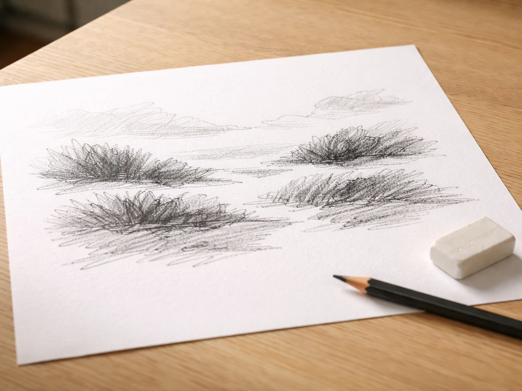 Croquis rapide en masses sur papier : grandes zones claires et foncées, prise de vue discrète au bureau.