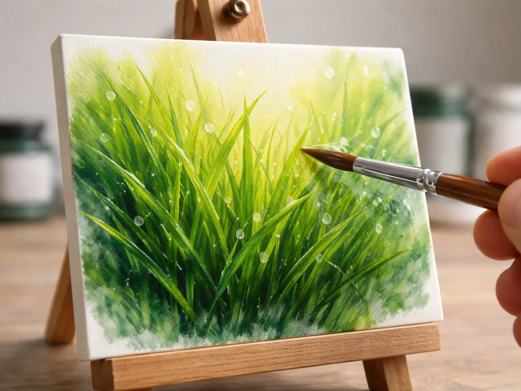 Peinture en cours : glacis transparents au pinceau sur une herbe lumineuse, couches successives visibles