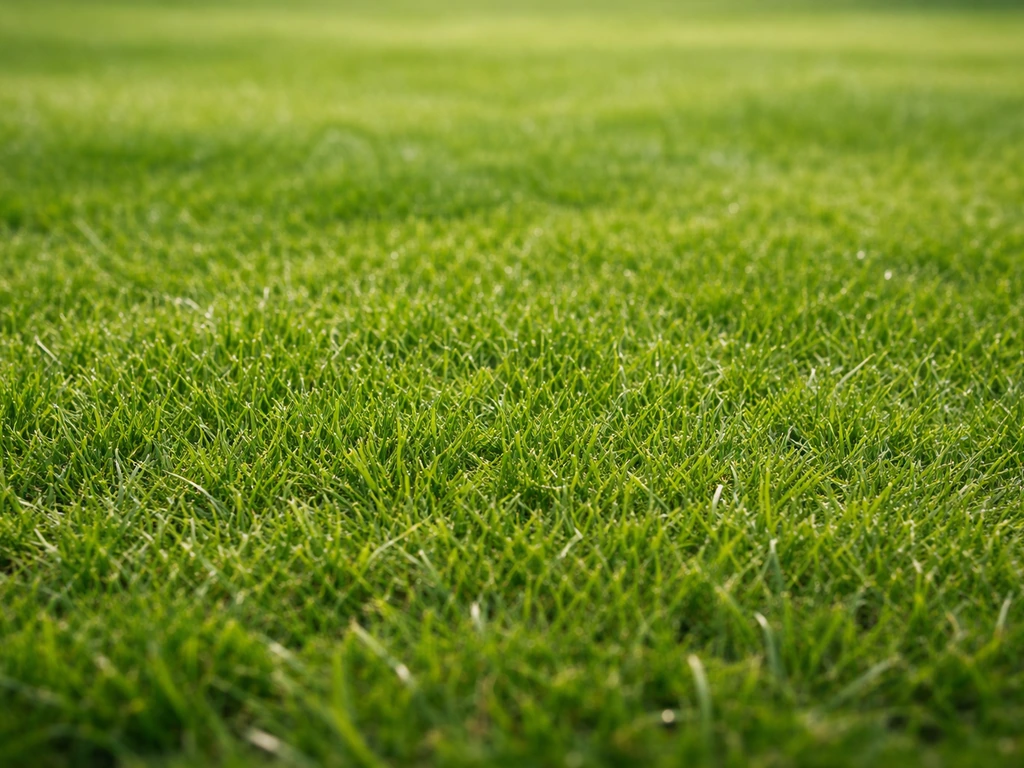 Pelouse de jardin en perspective, trois plans visibles, texture d’herbe détaillée, sans texte ni objets.