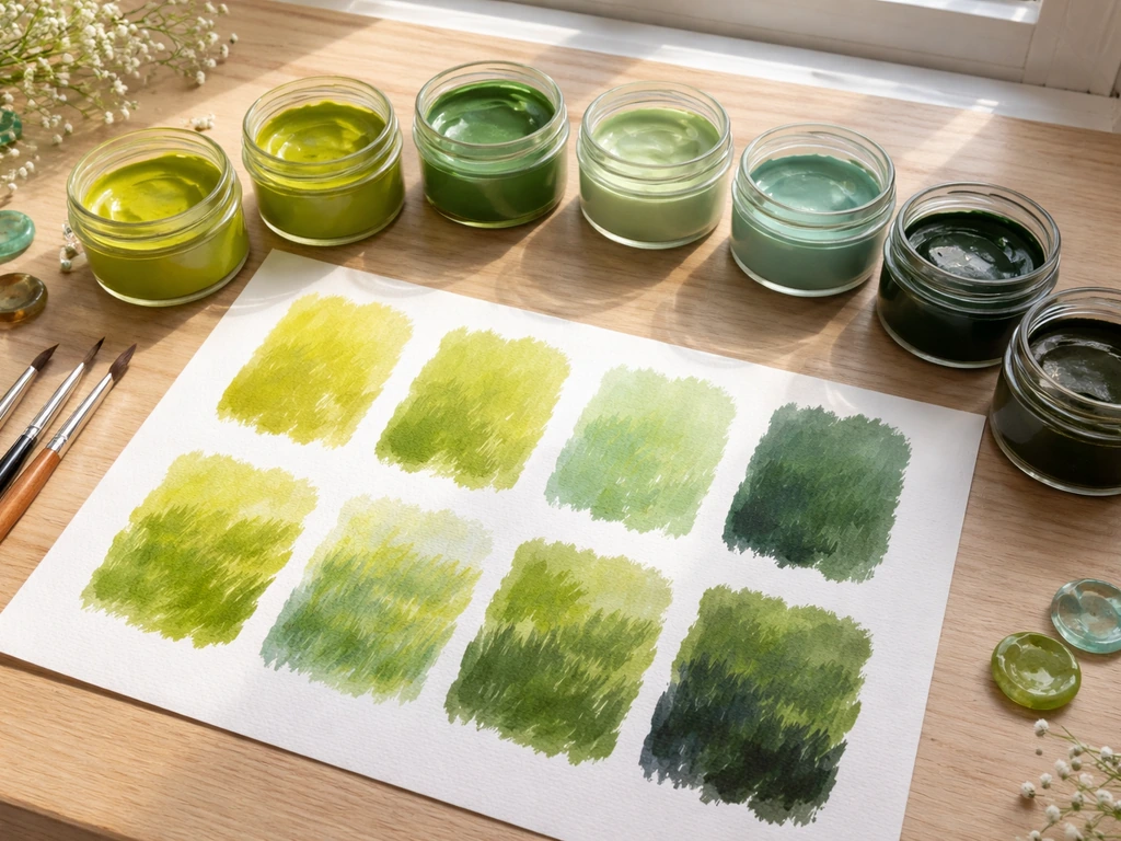 Palette de verts printaniers avec pots et échantillons de peinture sur une table en bois, lumière naturelle.