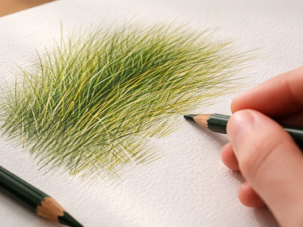 Gros plan sur un hachurage directionnel au crayon de couleur, texture d’herbe sans aplat plein.