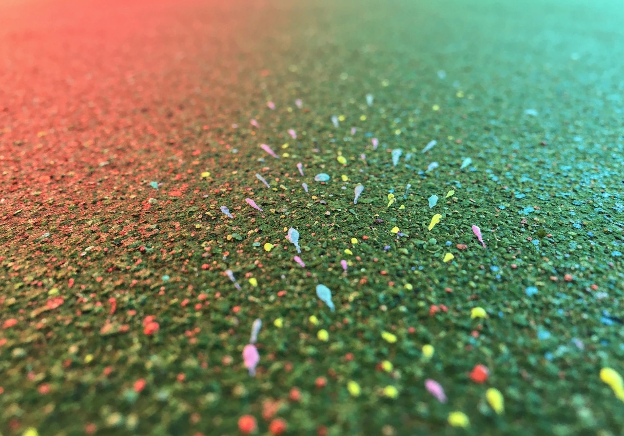 Gros plan d’herbe avec de petites touches de peinture en points et virgules pour faire vibrer la lumière.