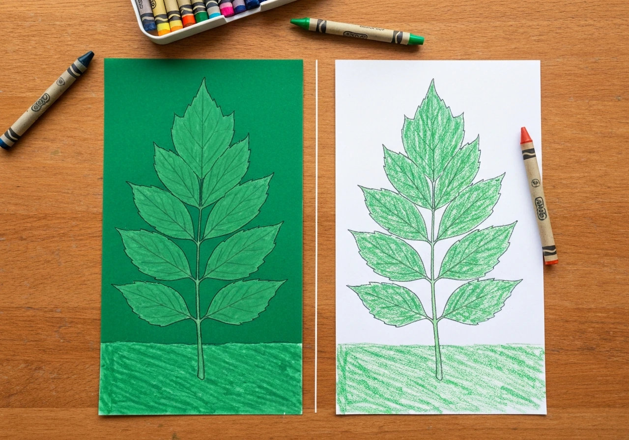 Deux coloriages d’herbe côte à côte : vert uniforme à gauche, herbe nuancée à droite, sur table en bois.