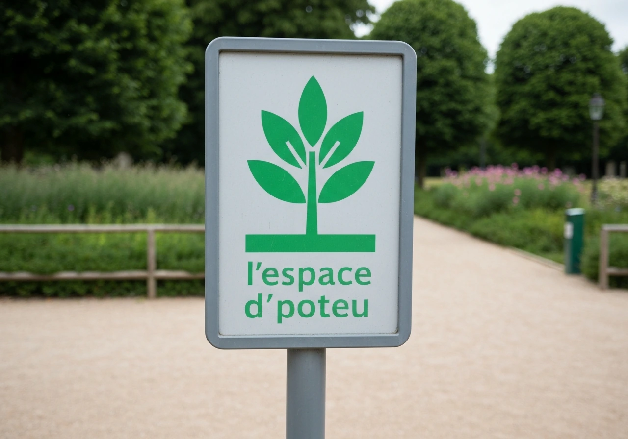 Panneau de signalétique d’espace vert avec pictogramme herbe près d’un parc, pelouse verte en arrière-plan.