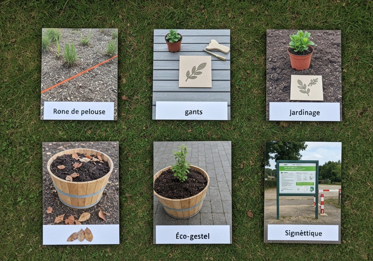 Quatre scènes minimalistes avec un motif d’herbe sur différents décors pour illustrer des contextes distincts.
