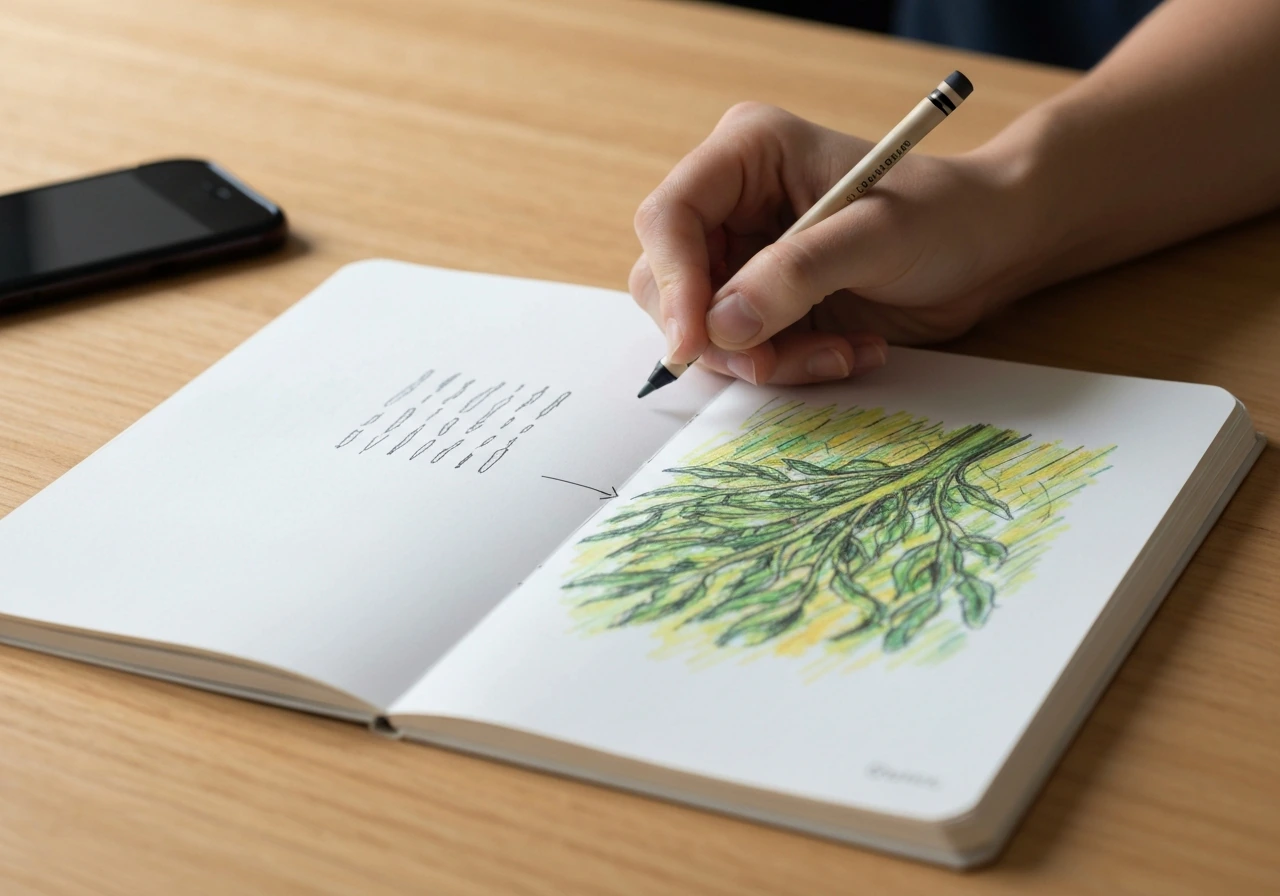 Gros plan sur un carnet avec un pictogramme d’herbe, puis un rendu impressionniste à traits et texture