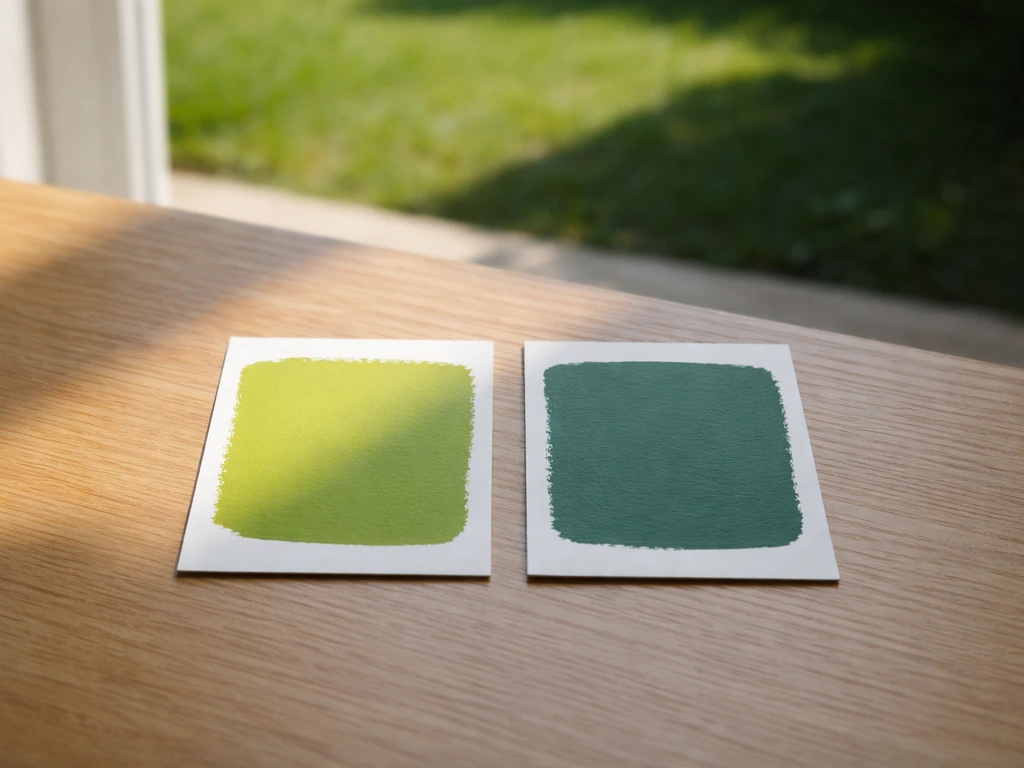 Deux échantillons de verts peints côte à côte, avec herbe au soleil et à l’ombre en arrière-plan flou.