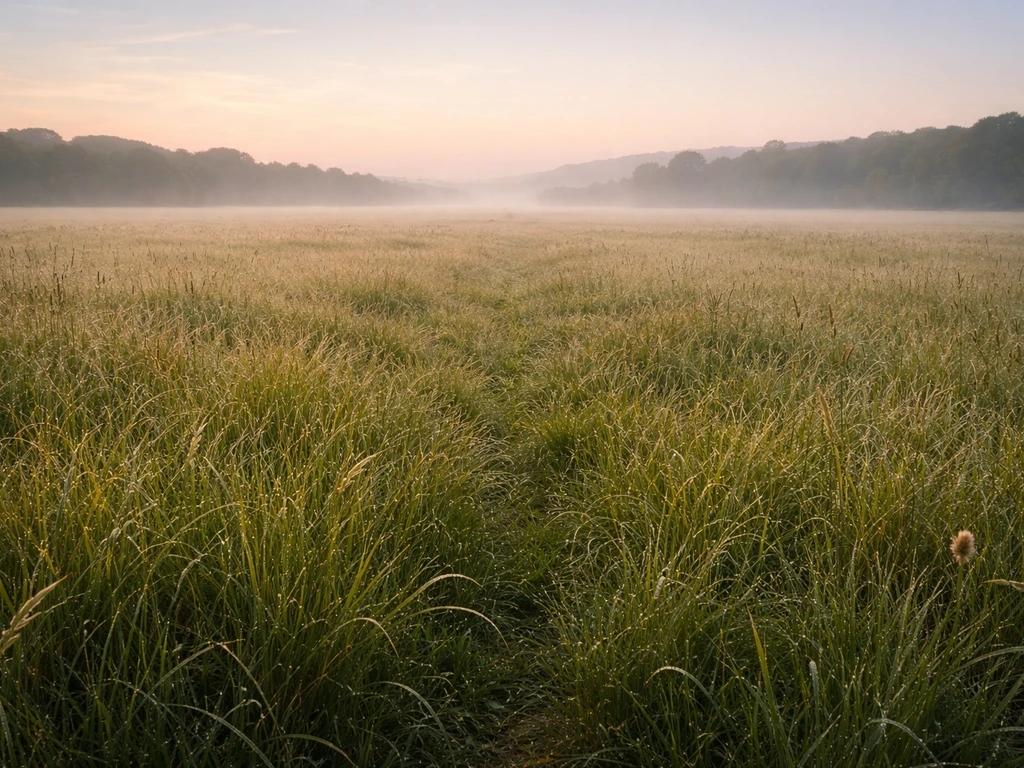 Prairie au premier plan bien contrasté, arrière-plan pâle et bleuté par perspective atmosphérique.