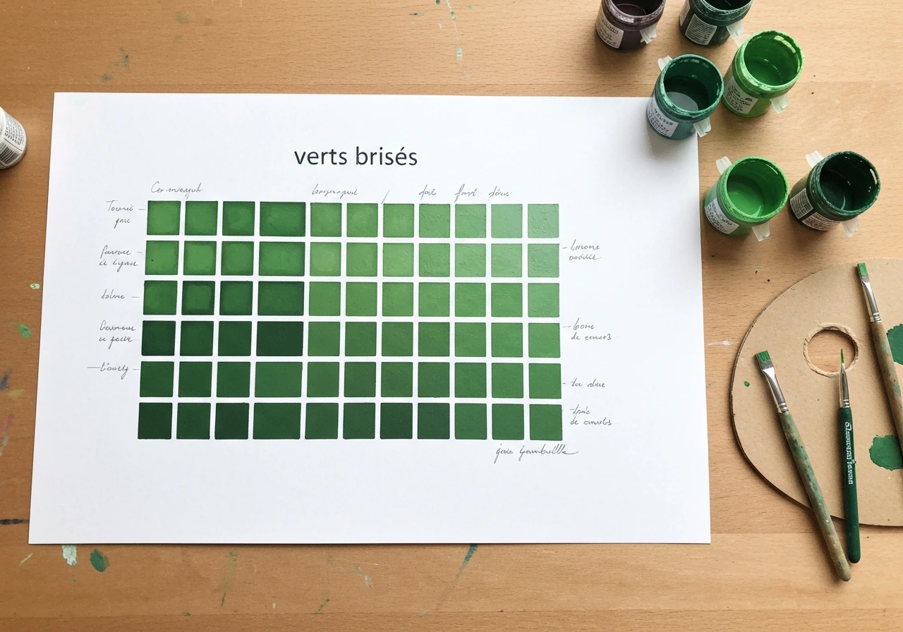 Planche d’exercices verts brisés : grille de carreaux avec plusieurs mélanges d’un vert de base, prise de vue rapprochée